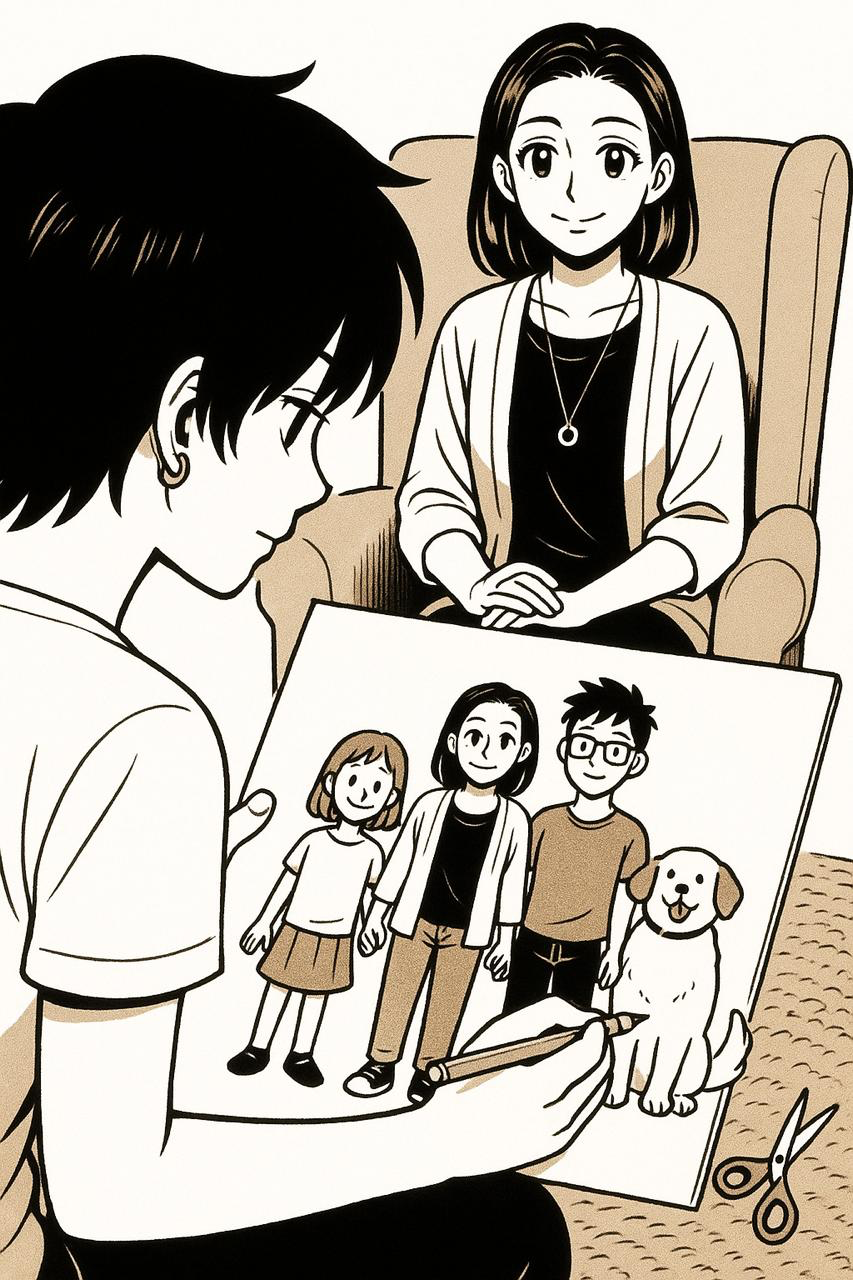 Sesión de terapia con joven, mostrando apoyo familiar