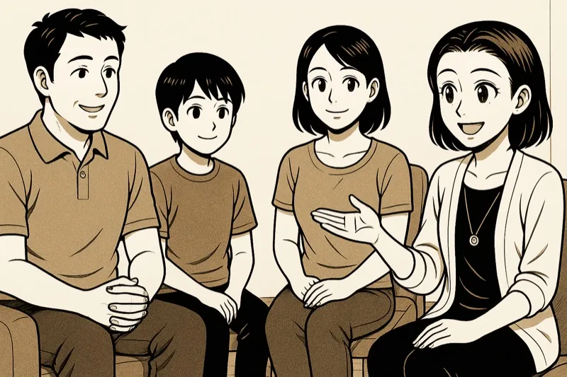 Sesión de terapia familiar con madre, padre e hijo
